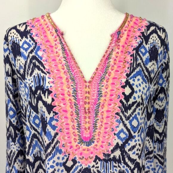 Lilly Pulitzer Beaded 100% Silk Pink Blue Renato Dinner Tunic Oh My Cod Large - Picture 5 of 15